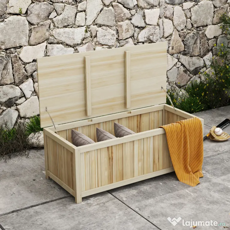 Outsunny Bancă de Depozitare pentru Grădină de 172L din Lemn de Brad, 120x55x45cm, Culoare Lemn