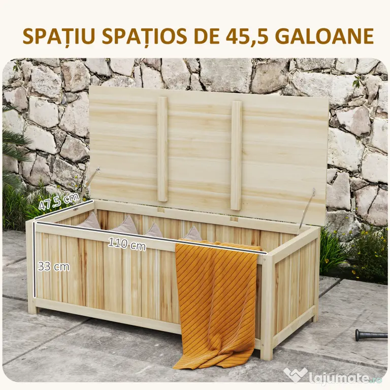 Outsunny Bancă de Depozitare pentru Grădină de 172L din Lemn de Brad, 120x55x45cm, Culoare Lemn