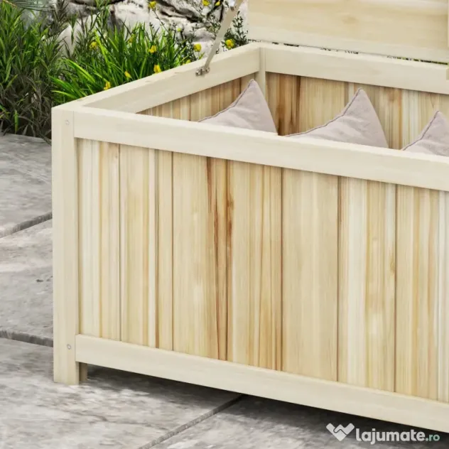 Outsunny Bancă de Depozitare pentru Grădină de 172L din Lemn de Brad, 120x55x45cm, Culoare Lemn