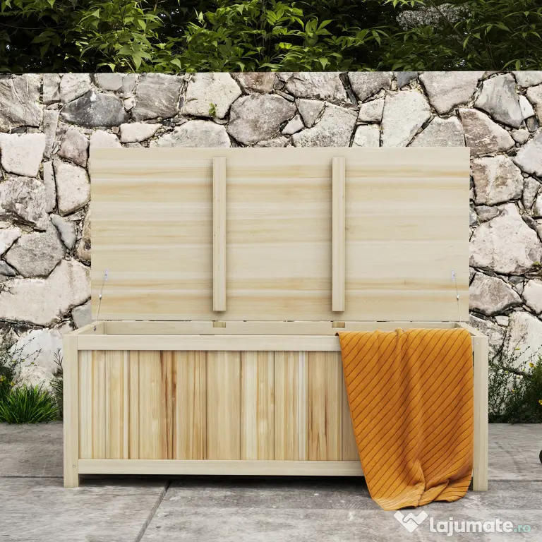 Outsunny Bancă de Depozitare pentru Grădină de 172L din Lemn de Brad, 120x55x45cm, Culoare Lemn