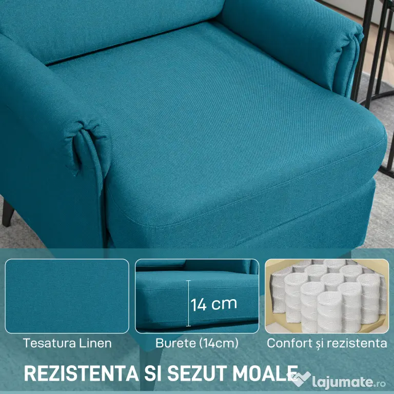 HOMCOM Fotoliu Modern, Tapiţat cu Pânză Premium, Stil Clasic cu Braţe Rulate, Scaun de Efect pentru Living, Dormitor sau Şemineu