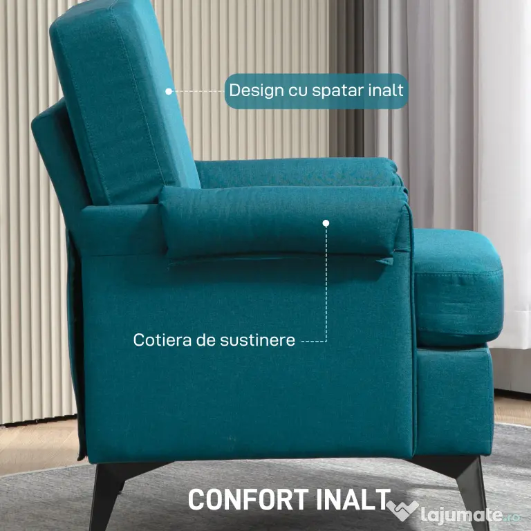 HOMCOM Fotoliu Modern, Tapiţat cu Pânză Premium, Stil Clasic cu Braţe Rulate, Scaun de Efect pentru Living, Dormitor sau Şemineu