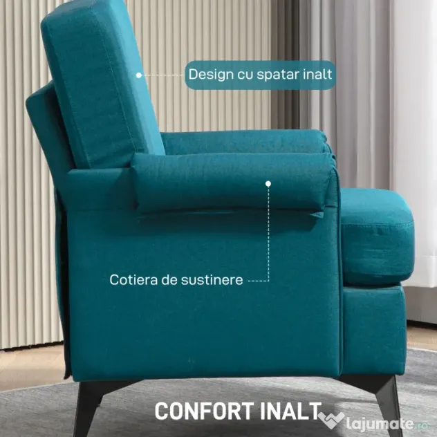 HOMCOM Fotoliu Modern, Tapiţat cu Pânză Premium, Stil Clasic cu Braţe Rulate, Scaun de Efect pentru Living, Dormitor sau Şemineu