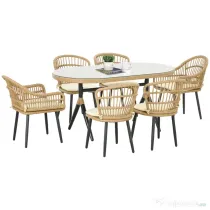 Outsunny Set de Grădină 7 Piese din Ratan PE cu Masă de Dining 153x89x74 cm și 6 Scaune 52x62x78 cm cu Perne