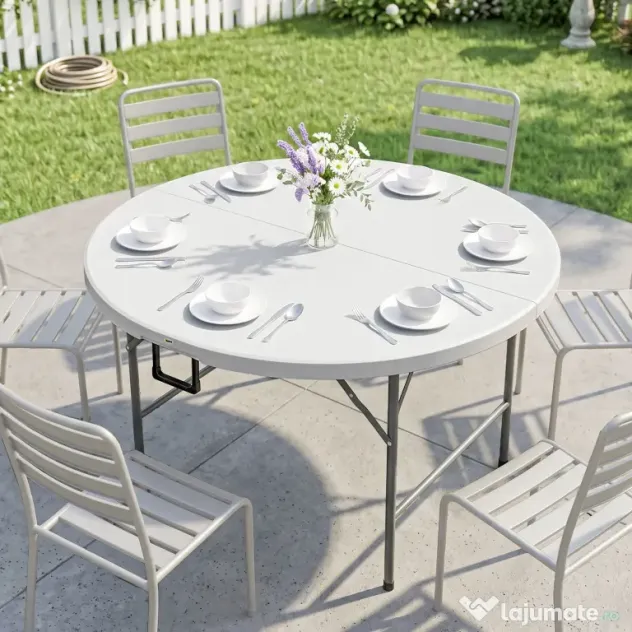 Outsunny Masă Pliabilă de Grădină Φ122 cm, Masă de Picnic Rotundă pentru 6 Persoane, Cadru Metalic, Alb | Aosom Romania