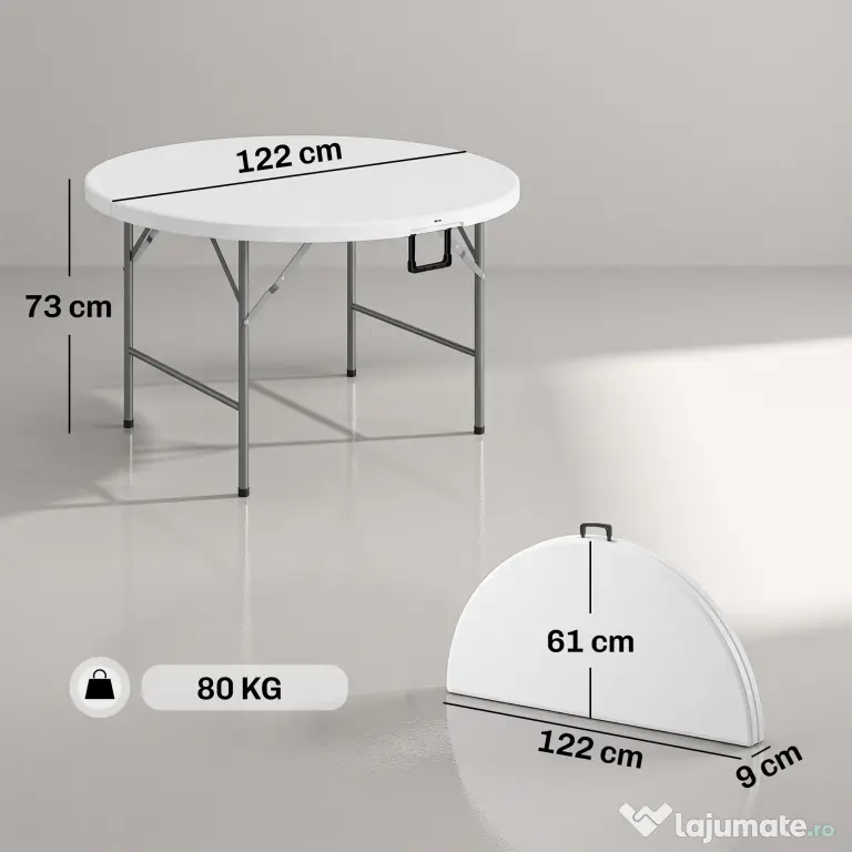 Outsunny Masă Pliabilă de Grădină Φ122 cm, Masă de Picnic Rotundă pentru 6 Persoane, Cadru Metalic, Alb | Aosom Romania
