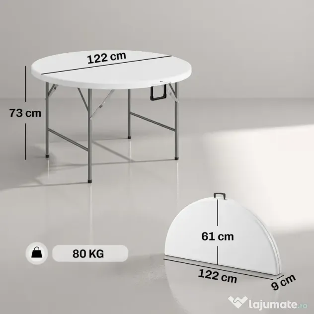 Outsunny Masă Pliabilă de Grădină Φ122 cm, Masă de Picnic Rotundă pentru 6 Persoane, Cadru Metalic, Alb | Aosom Romania