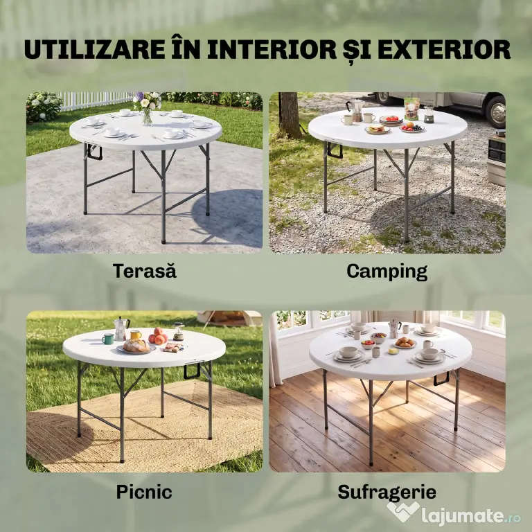 Outsunny Masă Pliabilă de Grădină Φ122 cm, Masă de Picnic Rotundă pentru 6 Persoane, Cadru Metalic, Alb | Aosom Romania