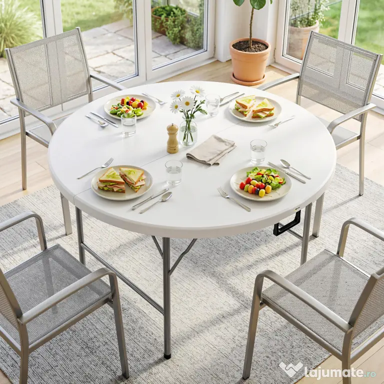 Outsunny Masă Pliabilă de Grădină Φ122 cm, Masă de Picnic Rotundă pentru 6 Persoane, Cadru Metalic, Alb | Aosom Romania