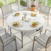 Outsunny Masă Pliabilă de Grădină Φ122 cm, Masă de Picnic Rotundă pentru 6 Persoane, Cadru Metalic, Alb | Aosom Romania 