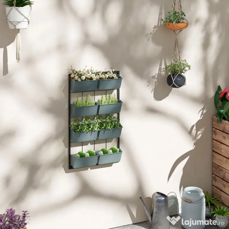 Outsunny Suport pentru Plante, 8 Ghivece Stivuibile, Rezistente la Intemperii, 52.5 x 14 x 90 cm, Gri + Negru | Aosom Romania