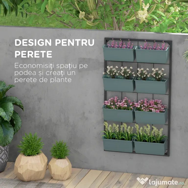 Outsunny Suport pentru Plante, 8 Ghivece Stivuibile, Rezistente la Intemperii, 52.5 x 14 x 90 cm, Gri + Negru | Aosom Romania