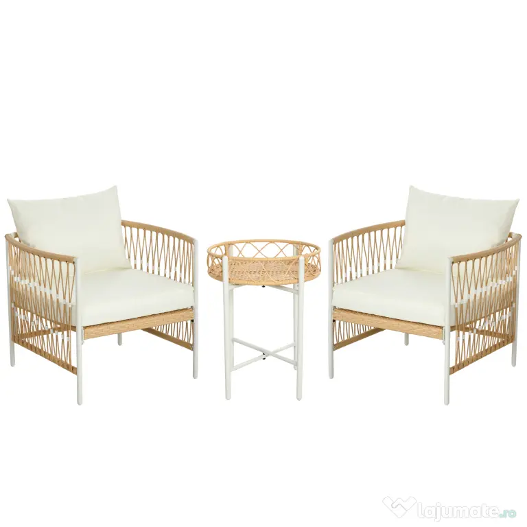 Outsunny Mobilier din 3 Piese pentru Terasă, Set din 2 Canapele și o Măsuță de Cafea pentru Exterior din Ratan, 72x66x64 cm, Crem | Aosom Romania