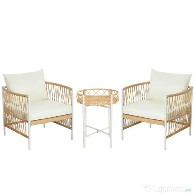 Outsunny Mobilier din 3 Piese pentru Terasă, Set din 2 Canapele și o Măsuță de Cafea pentru Exterior din Ratan, 72x66x64 cm, Crem | Aosom Romania
