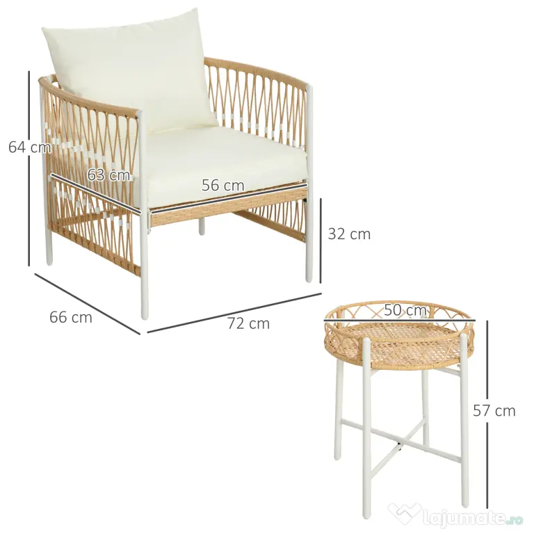 Outsunny Mobilier din 3 Piese pentru Terasă, Set din 2 Canapele și o Măsuță de Cafea pentru Exterior din Ratan, 72x66x64 cm, Crem | Aosom Romania