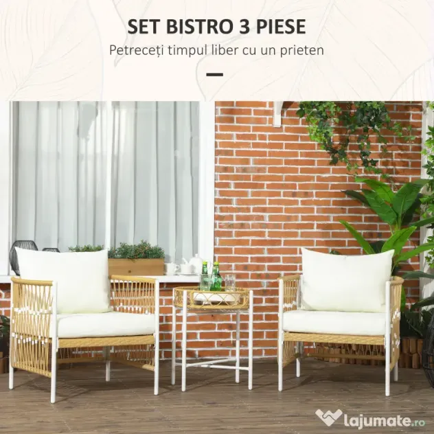 Outsunny Mobilier din 3 Piese pentru Terasă, Set din 2 Canapele și o Măsuță de Cafea pentru Exterior din Ratan, 72x66x64 cm, Crem | Aosom Romania
