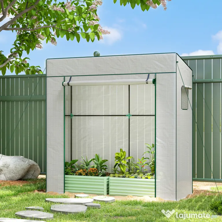 Outsunny Seră de Grădină cu Acoperiș Înclinat, 2 Ferestre și Ușă Rulabilă, Seră pentru Cultivare cu Structură din Oțel, Acoperire Anti-UV din PE, pentru Grădină, Legume, Flori, 196x77x197 cm, Alb | Aosom Romania