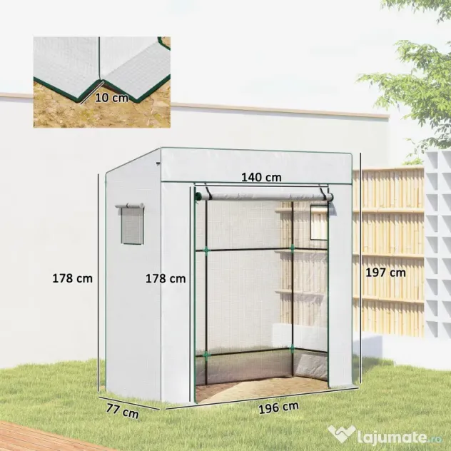Outsunny Seră de Grădină cu Acoperiș Înclinat, 2 Ferestre și Ușă Rulabilă, Seră pentru Cultivare cu Structură din Oțel, Acoperire Anti-UV din PE, pentru Grădină, Legume, Flori, 196x77x197 cm, Alb | Aosom Romania