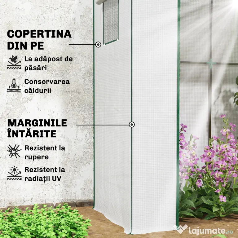 Outsunny Seră de Grădină cu Acoperiș Înclinat, 2 Ferestre și Ușă Rulabilă, Seră pentru Cultivare cu Structură din Oțel, Acoperire Anti-UV din PE, pentru Grădină, Legume, Flori, 196x77x197 cm, Alb | Aosom Romania