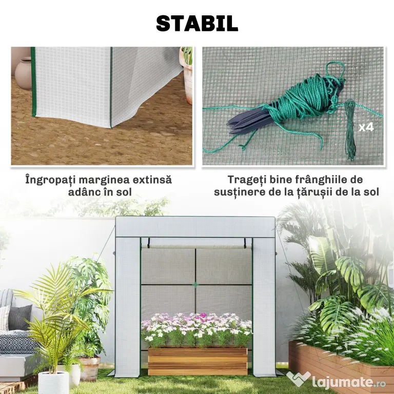 Outsunny Seră de Grădină cu Acoperiș Înclinat, 2 Ferestre și Ușă Rulabilă, Seră pentru Cultivare cu Structură din Oțel, Acoperire Anti-UV din PE, pentru Grădină, Legume, Flori, 196x77x197 cm, Alb | Aosom Romania