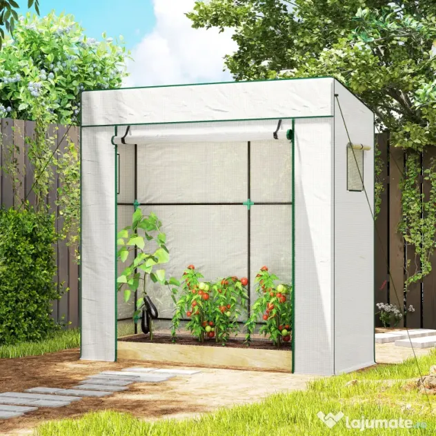 Outsunny Seră de Grădină cu Acoperiș Înclinat, 2 Ferestre și Ușă Rulabilă, Seră pentru Cultivare cu Structură din Oțel, Acoperire Anti-UV din PE, pentru Grădină, Legume, Flori, 196x77x197 cm, Alb | Aosom Romania