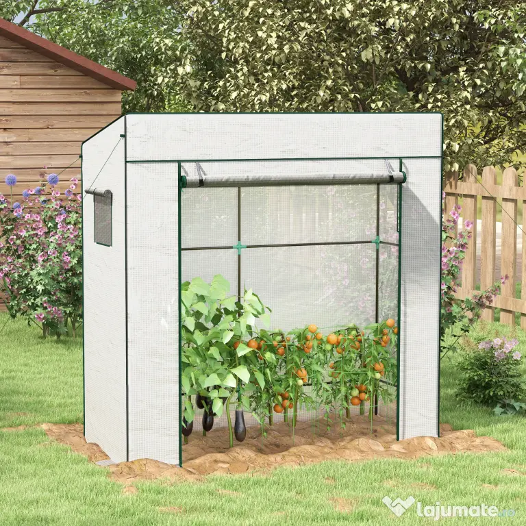 Outsunny Seră de Grădină cu Acoperiș Înclinat, 2 Ferestre și Ușă Rulabilă, Seră pentru Cultivare cu Structură din Oțel, Acoperire Anti-UV din PE, pentru Grădină, Legume, Flori, 196x77x197 cm, Alb | Aosom Romania