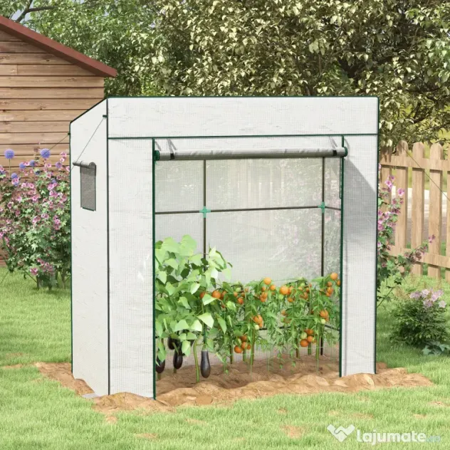 Outsunny Seră de Grădină cu Acoperiș Înclinat, 2 Ferestre și Ușă Rulabilă, Seră pentru Cultivare cu Structură din Oțel, Acoperire Anti-UV din PE, pentru Grădină, Legume, Flori, 196x77x197 cm, Alb | Aosom Romania