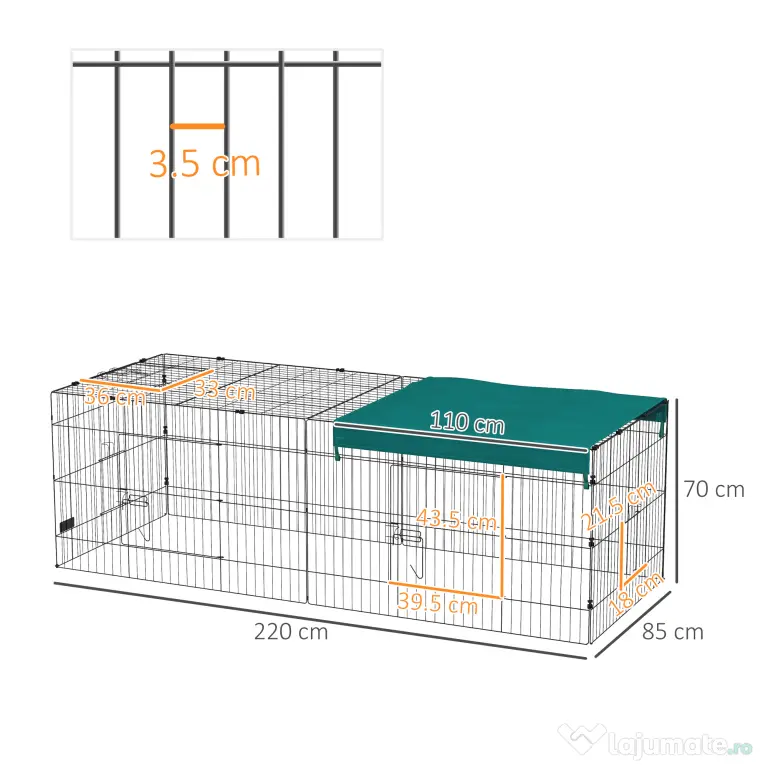 PawHut Tarc Exterior pentru Animale Mici, Spațiu pentru Pui, Iepuri, Chinchilla, cu Acoperiș, 220x85x70 cm, Verde | Aosom Romania