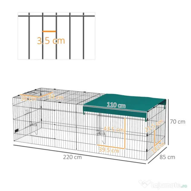 PawHut Tarc Exterior pentru Animale Mici, Spațiu pentru Pui, Iepuri, Chinchilla, cu Acoperiș, 220x85x70 cm, Verde | Aosom Romania