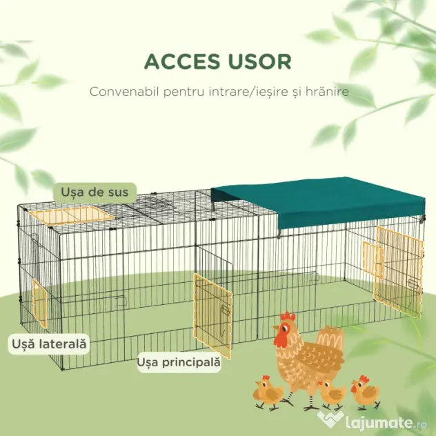 PawHut Tarc Exterior pentru Animale Mici, Spațiu pentru Pui, Iepuri, Chinchilla, cu Acoperiș, 220x85x70 cm, Verde | Aosom Romania