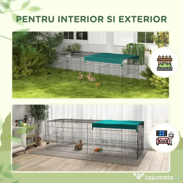 PawHut Tarc Exterior pentru Animale Mici, Spațiu pentru Pui, Iepuri, Chinchilla, cu Acoperiș, 220x85x70 cm, Verde | Aosom Romania