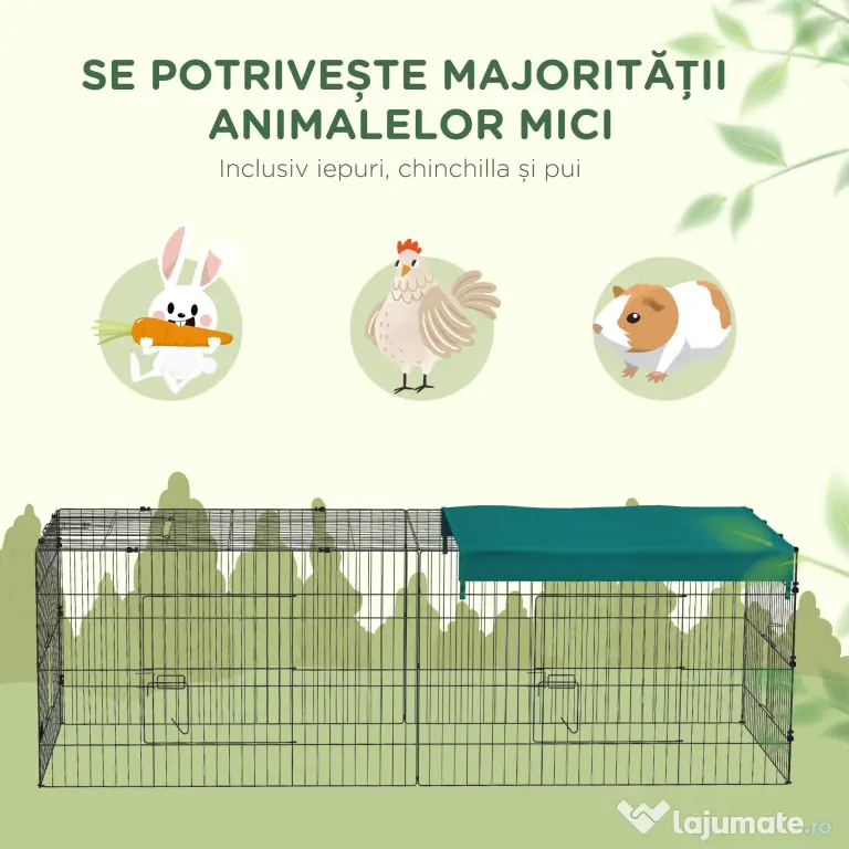 PawHut Tarc Exterior pentru Animale Mici, Spațiu pentru Pui, Iepuri, Chinchilla, cu Acoperiș, 220x85x70 cm, Verde | Aosom Romania