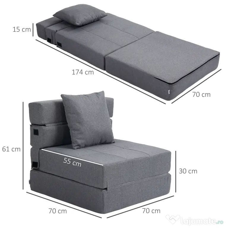 HOMCOM Fotoliu Pliabil Convertibil în Pat Single cu Pernă Inclusă, 70x70x61 cm, Gri | Aosom Romania