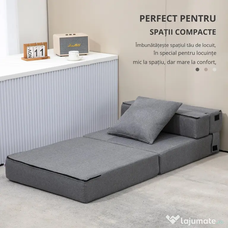 HOMCOM Fotoliu Pliabil Convertibil în Pat Single cu Pernă Inclusă, 70x70x61 cm, Gri | Aosom Romania