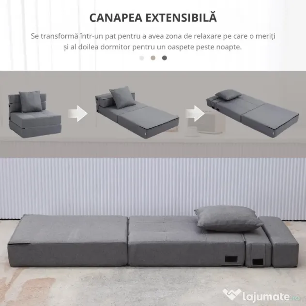 HOMCOM Fotoliu Pliabil Convertibil în Pat Single cu Pernă Inclusă, 70x70x61 cm, Gri | Aosom Romania