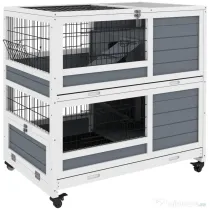 PawHut Cușcă de Interior cu Roți, Rampă și Uși, Cușcă cu Două Etaje pentru Iepuri, Casă din Lemn pentru Animale Mici, 90x53x97 cm, Gri | Aosom Romania