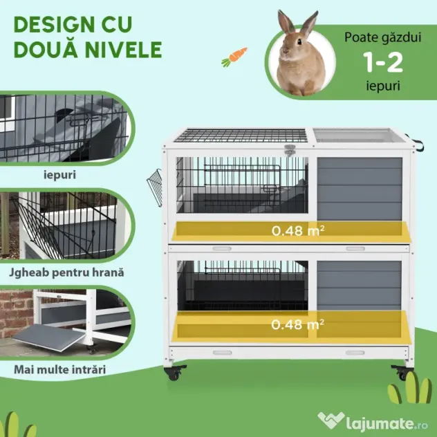 PawHut Cușcă de Interior cu Roți, Rampă și Uși, Cușcă cu Două Etaje pentru Iepuri, Casă din Lemn pentru Animale Mici, 90x53x97 cm, Gri | Aosom Romania