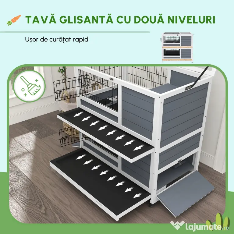 PawHut Cușcă de Interior cu Roți, Rampă și Uși, Cușcă cu Două Etaje pentru Iepuri, Casă din Lemn pentru Animale Mici, 90x53x97 cm, Gri | Aosom Romania