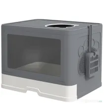 PawHut Litieră pentru Pisici cu Capac Intrare Dublă, Sertar, Lopată Gri | Aosom Romania