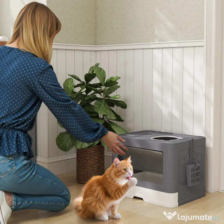 PawHut Litieră pentru Pisici cu Capac Intrare Dublă, Sertar, Lopată Gri | Aosom Romania