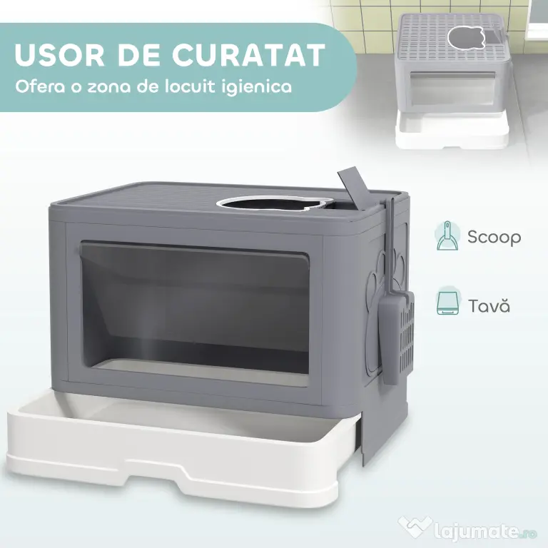 PawHut Litieră pentru Pisici cu Capac Intrare Dublă, Sertar, Lopată Gri | Aosom Romania