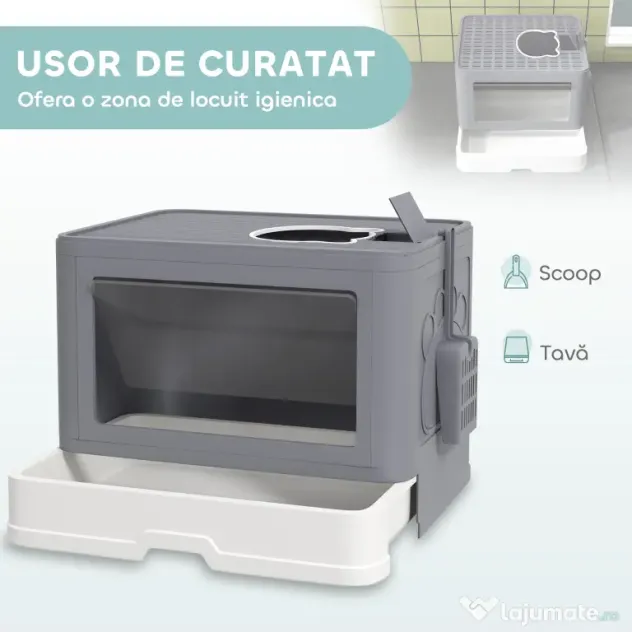 PawHut Litieră pentru Pisici cu Capac Intrare Dublă, Sertar, Lopată Gri | Aosom Romania