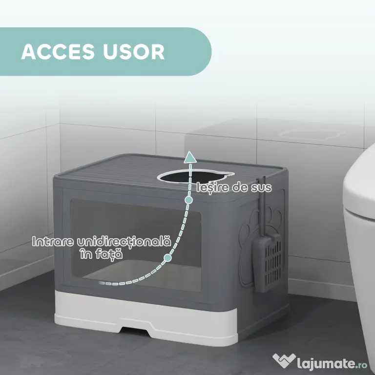 PawHut Litieră pentru Pisici cu Capac Intrare Dublă, Sertar, Lopată Gri | Aosom Romania