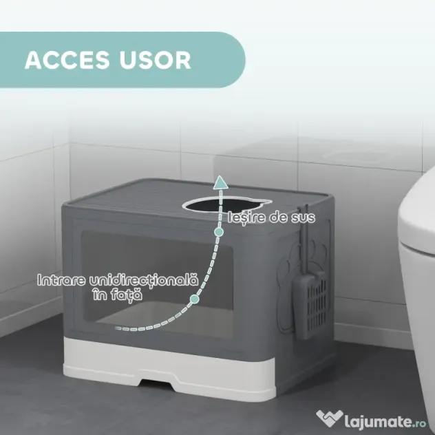 PawHut Litieră pentru Pisici cu Capac Intrare Dublă, Sertar, Lopată Gri | Aosom Romania