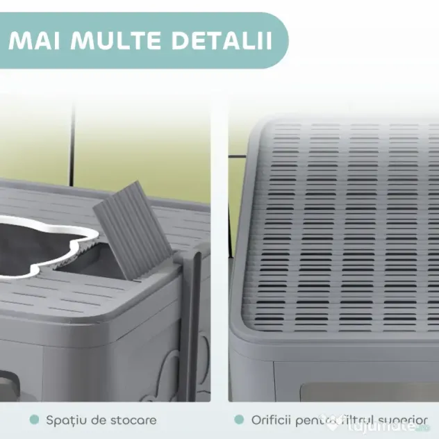 PawHut Litieră pentru Pisici cu Capac Intrare Dublă, Sertar, Lopată Gri | Aosom Romania