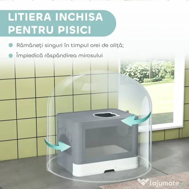 PawHut Litieră pentru Pisici cu Capac Intrare Dublă, Sertar, Lopată Gri | Aosom Romania