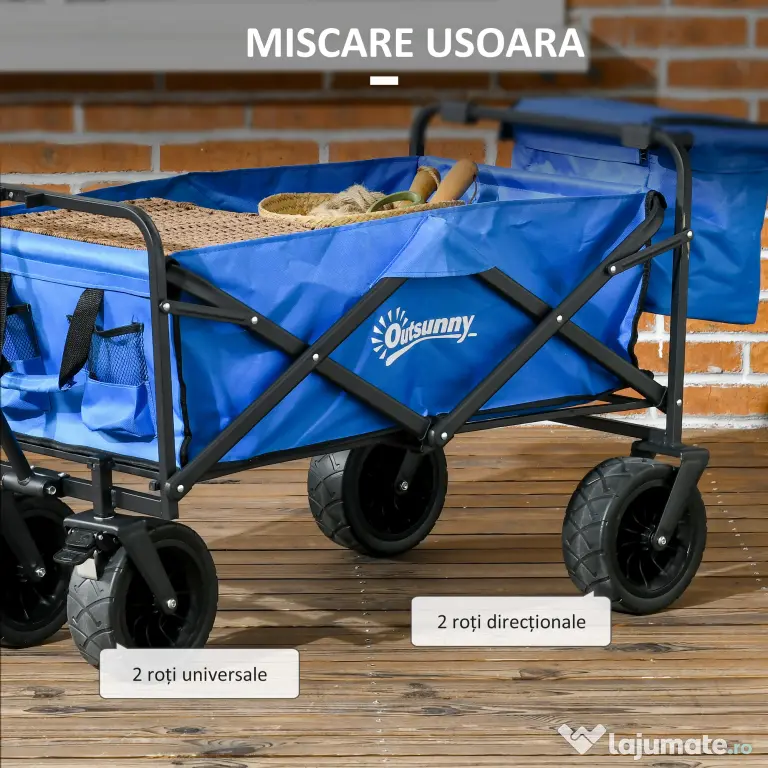 Outsunny Cărucior Pliabil de Exterior cu Geantă Frigorifică Detașabilă, Capacitate 100kg, Ideal pentru Grădină și Camping, Albastru | Aosom Romania