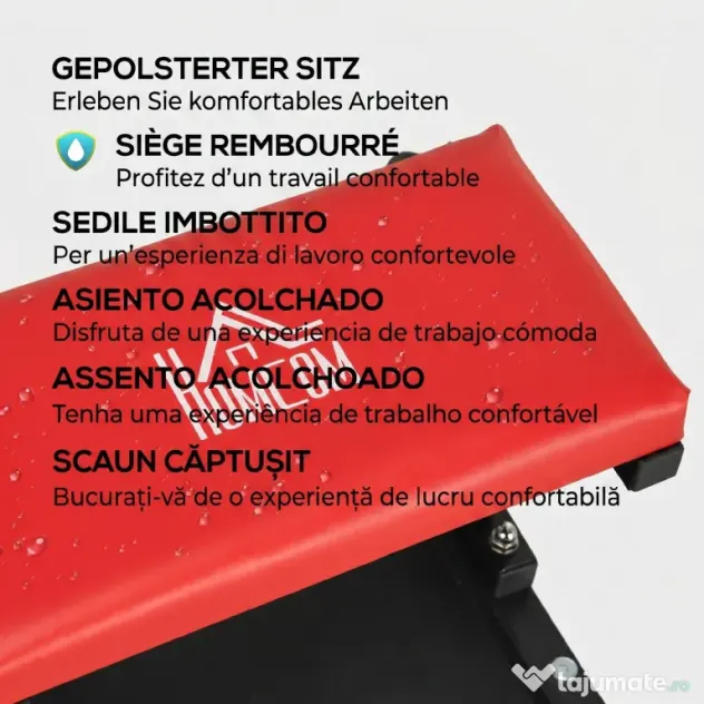 HOMCOM Scaun de atelier căptușit cu roți și tavă pentru unelte din oțel și PU, 38x35x37cm, roșu