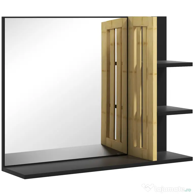 HOMCOM Oglindă de Baie Modernă de Perete cu 4 Rafturi din Lemn, 45x15x58.5cm, Negru