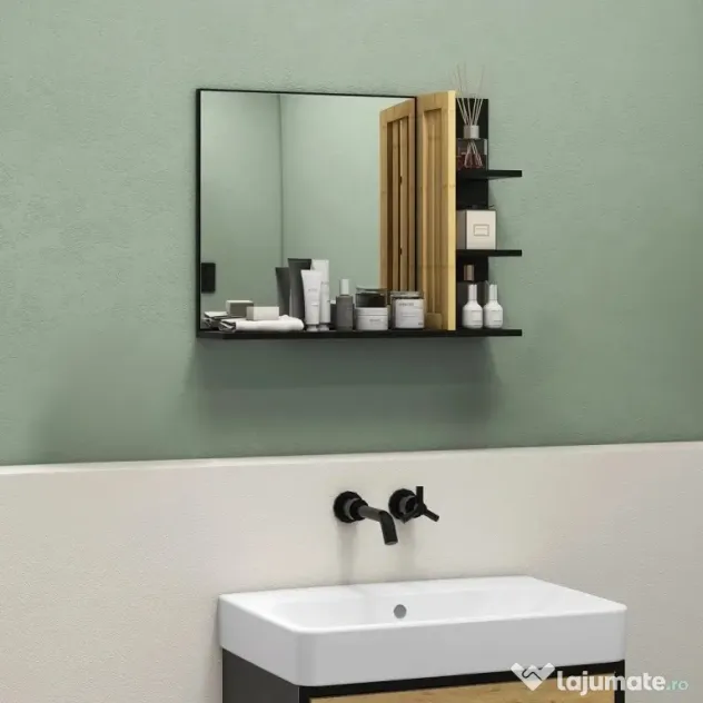 HOMCOM Oglindă de Baie Modernă de Perete cu 4 Rafturi din Lemn, 45x15x58.5cm, Negru